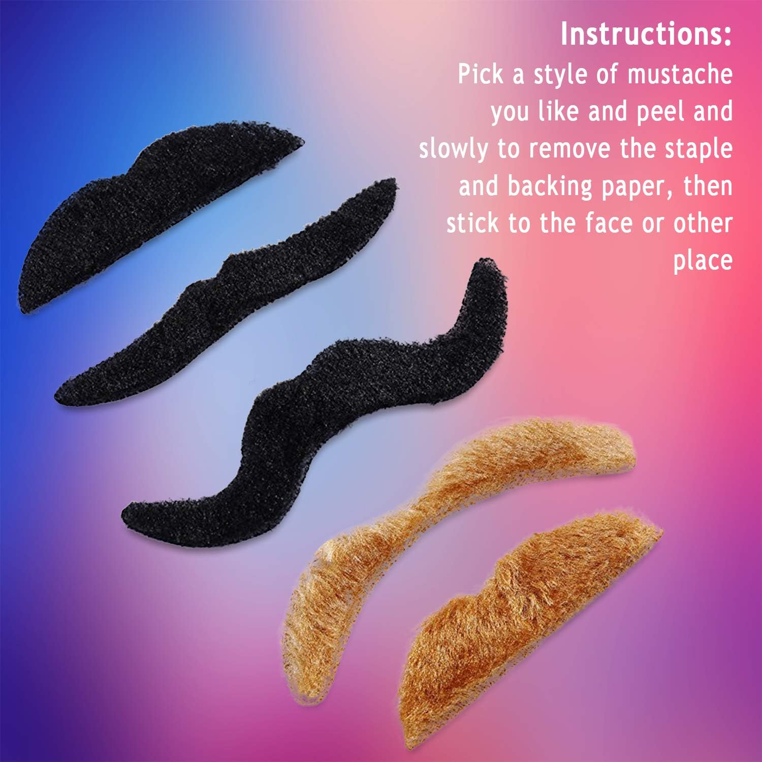 Whaline 48Pcs Self-Adhesive Fake Mustaches - Fun Costume Facial Hair for Halloween & Parties