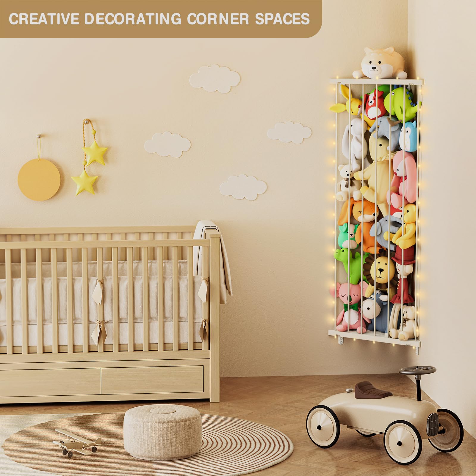 GGUO Corner Stuffed Animal Storage Net - Stuffed Animals Holder with Light - Plush Organizer Hanging Stuffed Animal Hammock with Adjustable Length for Bedroom