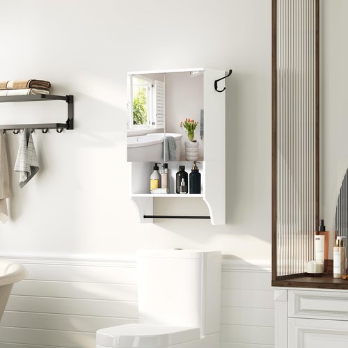 MAHANCRIS Bathroom Wall Cabinet with Mirror, Medicine Cabinet with 2 Door and Adjustable Shelf, Wall Mounted Over The Toilet Storage Cabinet with Towel Bar for Bathroom Laundry Room Kitchen, White