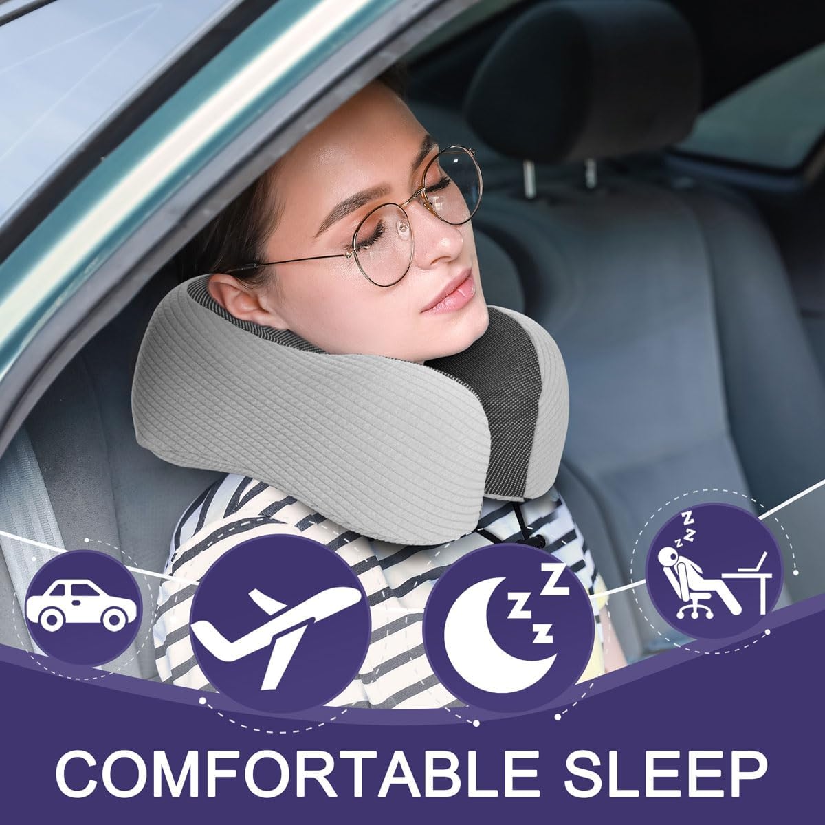 Napfun Neck Pillow - Memory Foam Travel Pillow with Pouch, Sleep Mask & Earplugs | Light Gray Striped Set