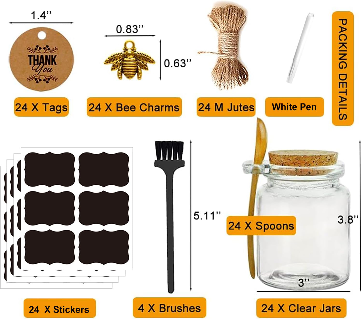 Ahhute Glass Sugar Scrubs Jars, Bath Salt Container, Snacks Spice Jars w/Bamboo Spoons, Honey Scrubs Body Butter Jar w/Corks, Labels and Cleaning Brush, Wedding Party Favors Gifts, 8oz 24 Pack