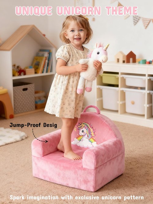 laapee Kids Sofa Chair with Removable Washable Cover & Magic-Tape Backrest Toddler Chair, Cozy Crystal Velvet Furniture for Playtime, Naps & Travel (Soft Pink, Unicorn Design)