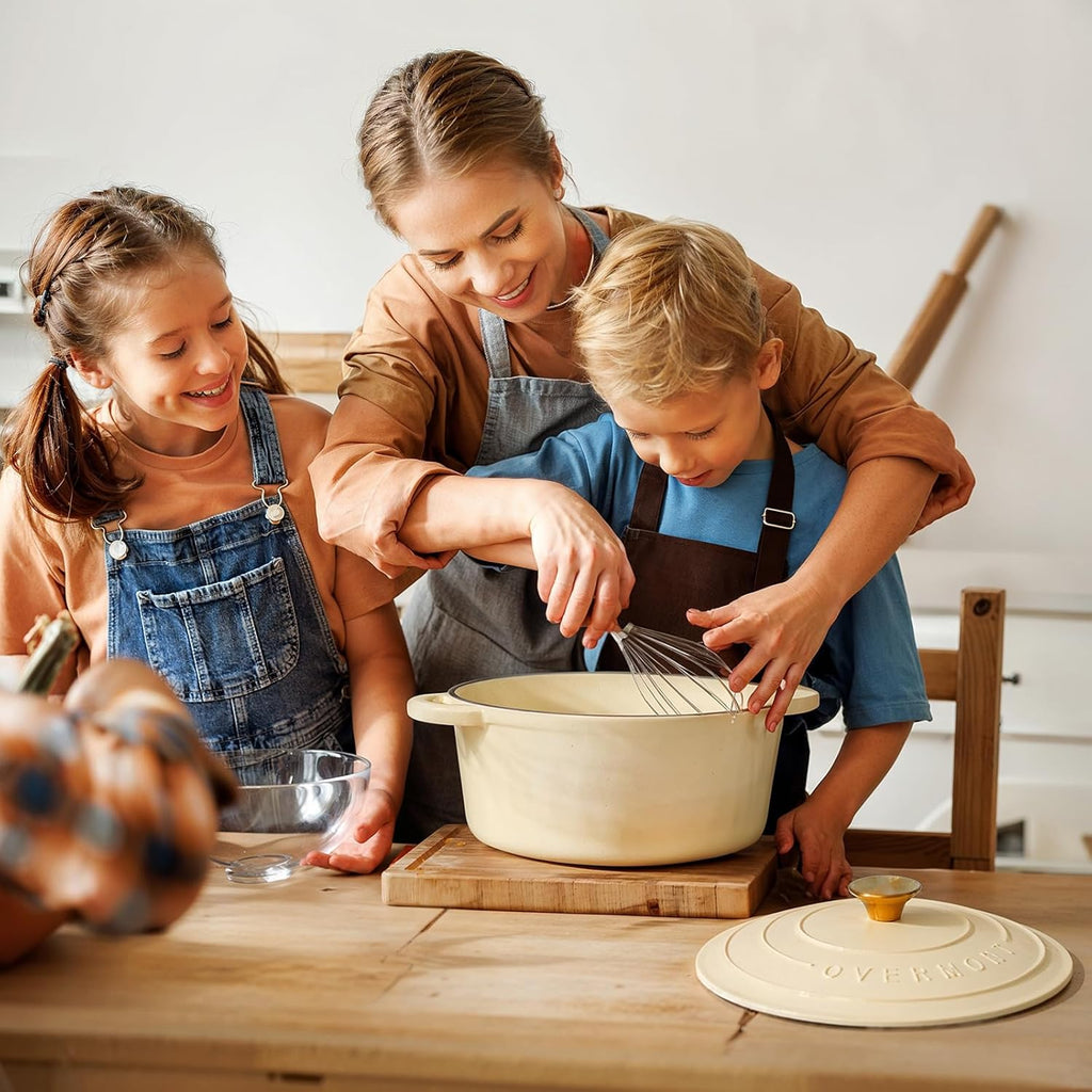 Overmont Enameled Cast Iron Dutch Oven - 7QT Heavy-Duty Pot with Lid & Potholders | Cream White for Braising & Baking