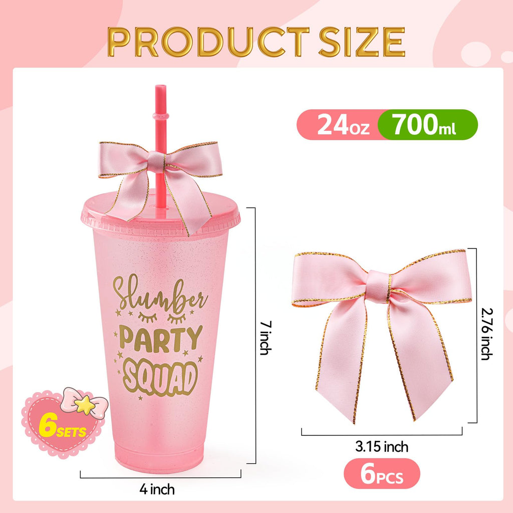Yicentdp 6 Set Slumber Party Plastic Cups with Lid Straw and Twist Bow 24 oz Sleepover Tumblers Reusable Cups for Birthday Slumber Spa Party Supplies