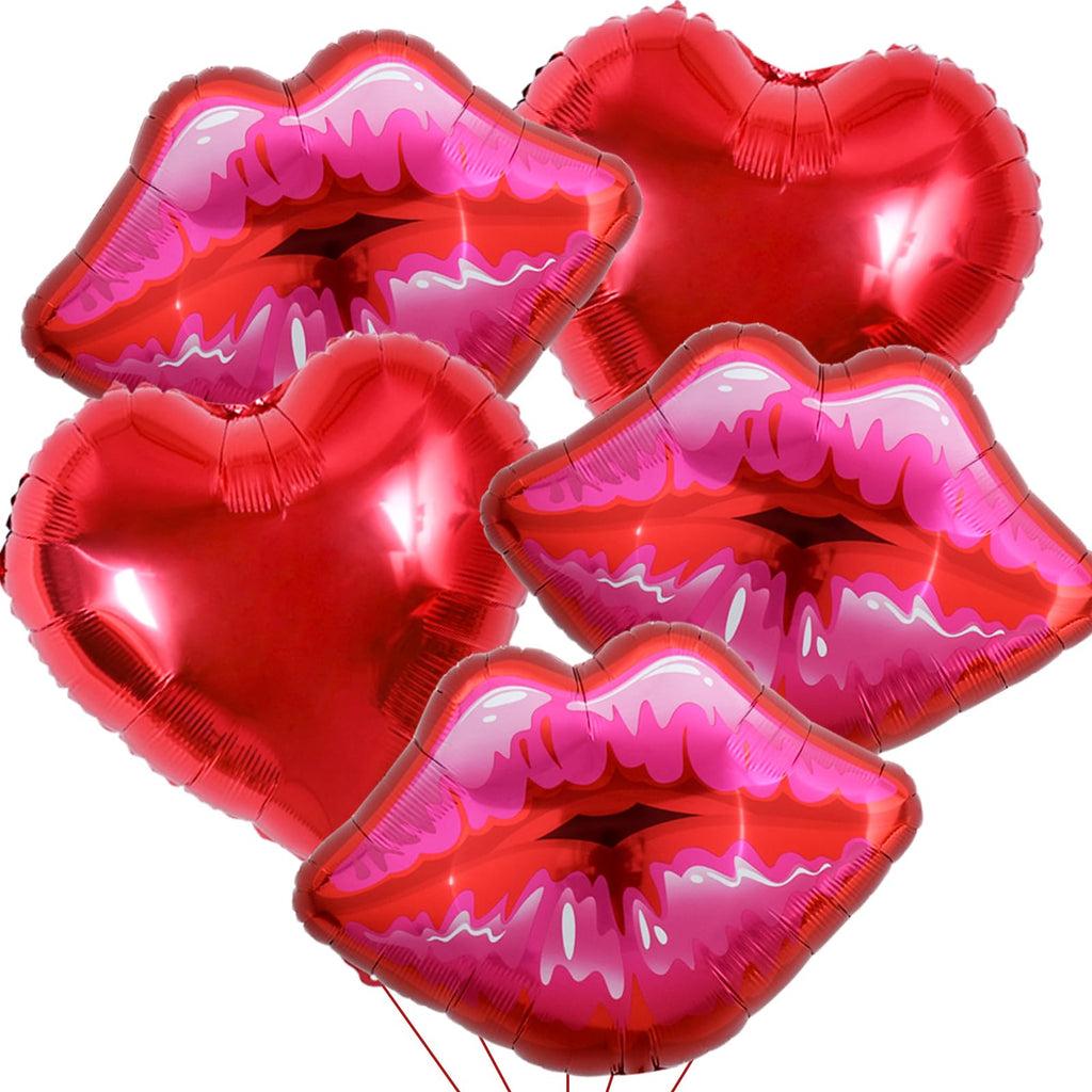 5 Packs of Large Pink Huge Red Lips Balloons Heart Ballons for Makeup Themed Party Anniversary Decor, Kiss The Miss Goodbye(30 Inch)