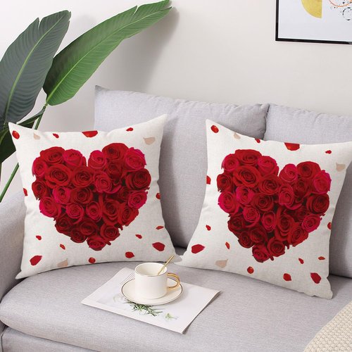 Gujiahone Valentine's Day Pillow Covers 18X18 Inch Set of 2 Red Rose Heart Anniversary Wedding Decorative Square Linen Cushion Case for Sofa Couch Bed