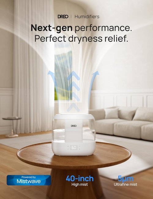 Dreo Smart Humidifier - 4L Top Fill Cool Mist for Large Rooms | 36H Runtime, Touch/App/Voice Control, Nightlight, White