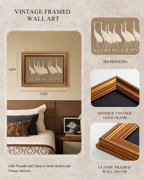 InSimSea Gold Framed Canvas Prints - Vintage Cranes Wall Art for Bathroom & Living Room | 12x16 Inch