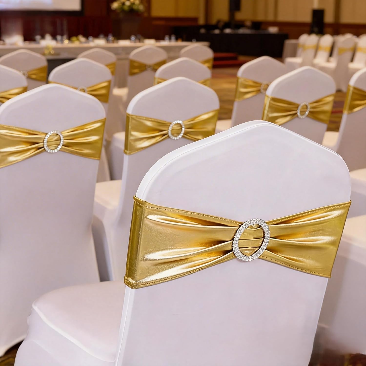 Skiennix Spandex Gold Chair Sashes - Pack of 50 for Weddings, Parties & Events | Elegant Metal Bow Design