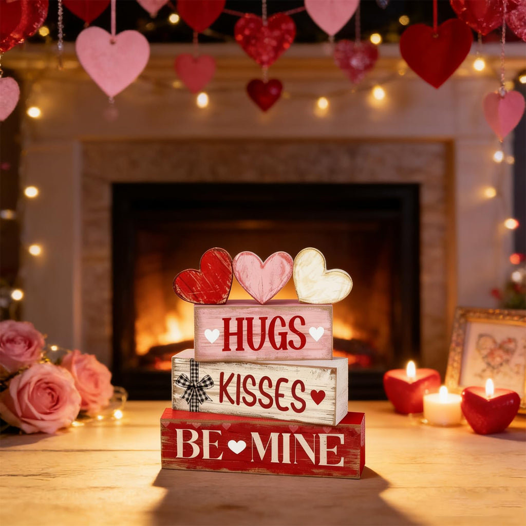 Valentines Day Decorations - Valentine Tiered Tray Decor Set - Wooden Table Decoration with Heart Signs - Rustic Farmhouse Valentine’s Day Home Decor Indoor for Shelf Mantel Coffee Table Gift