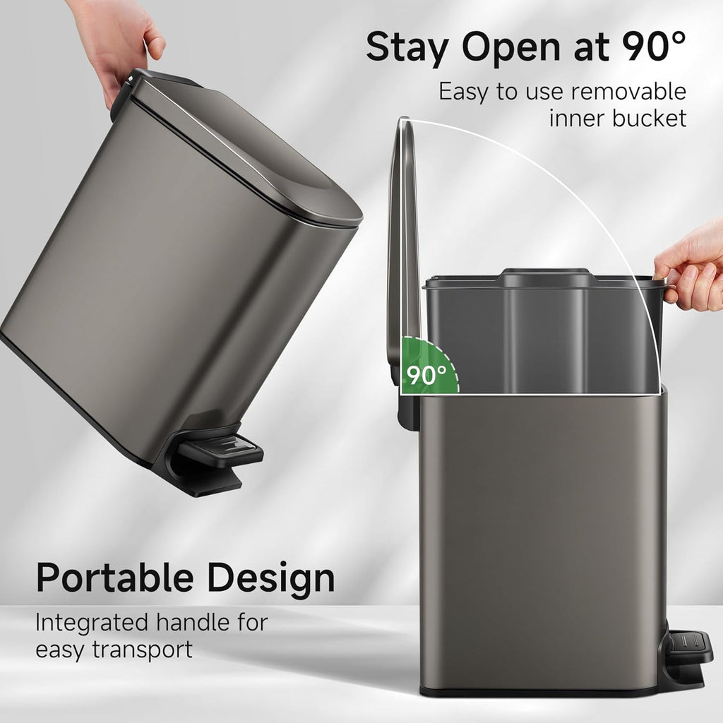 TIPGO Slim Bathroom Trash Can - 6 Liter Stainless Steel Garbage Can with Soft Close Lid | Black Gold