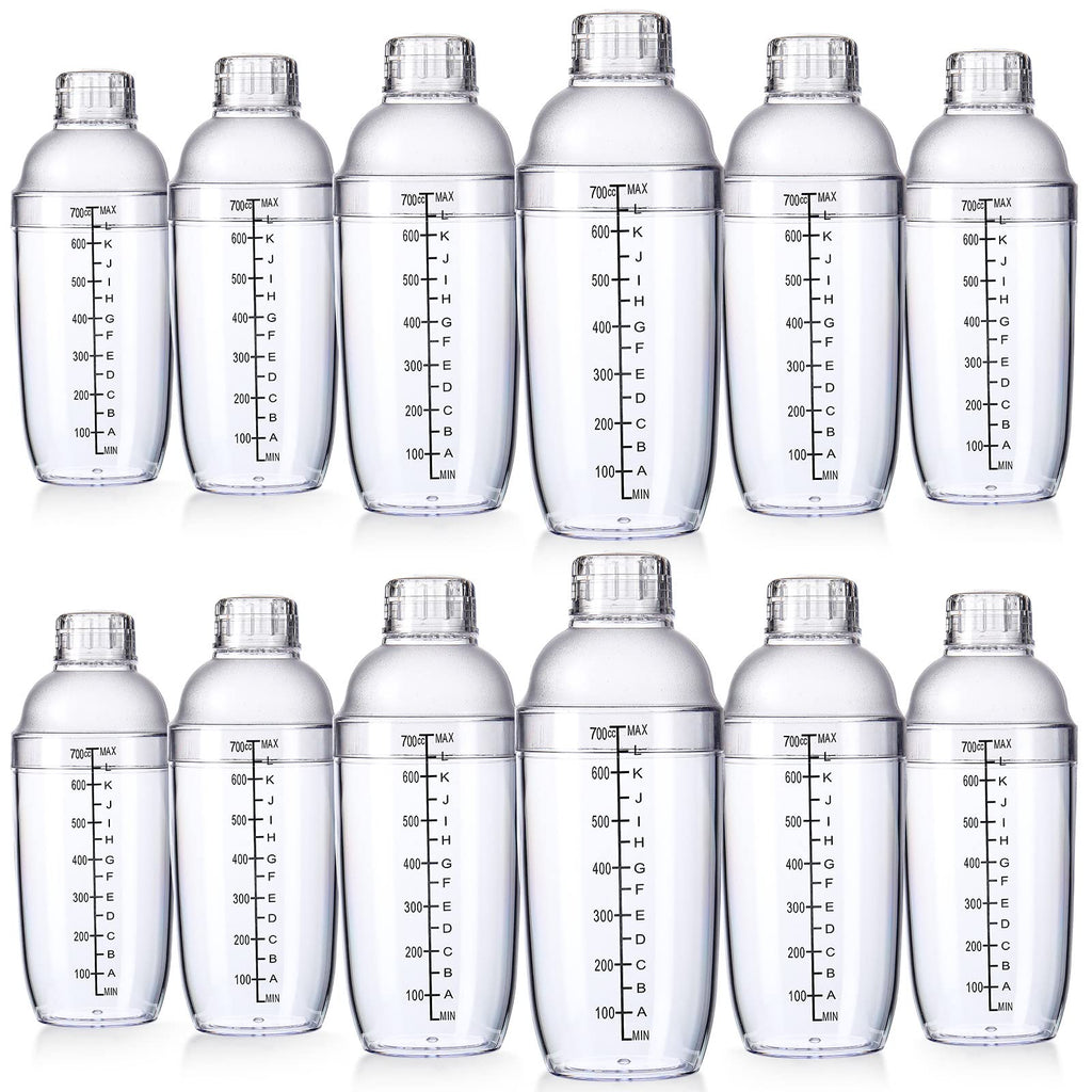 Lallisa 12 Pcs Plastic Cocktail Shaker Drink Mixer with Scales and Strainer Top Clear Shaker Cup with Measurement Plastic Mixing Tool for Tea Coffee Bubble Tea Milk(700 Cc/ 24 oz)