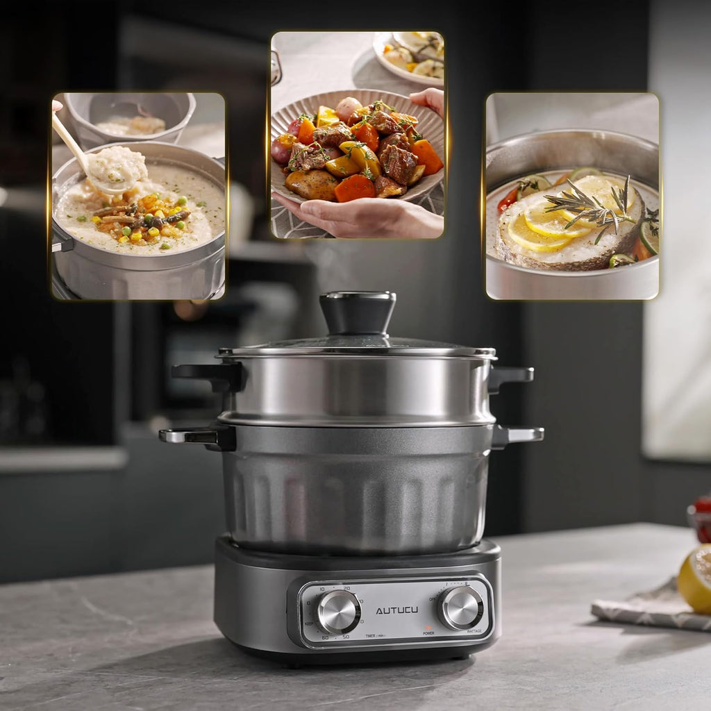N74SNA Electric Hot Pot Multi-Cooker - 2.5 Quart Nonstick Grill & Steamer Set for Steak, Soup, Ramen