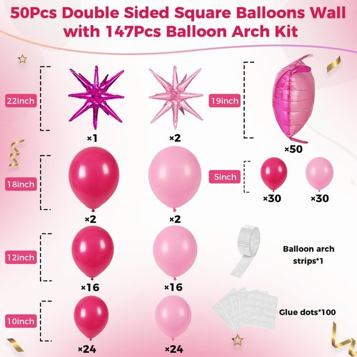HKYOOD 50pcs Hot Pink and Pink Square Foil Balloons Wall Backdrop with 147pcs Balloon Garland Arch Kit, Double Sided Balloon Tunnel for Anniversary Bachelorette Birthday Valentines Party Decorations