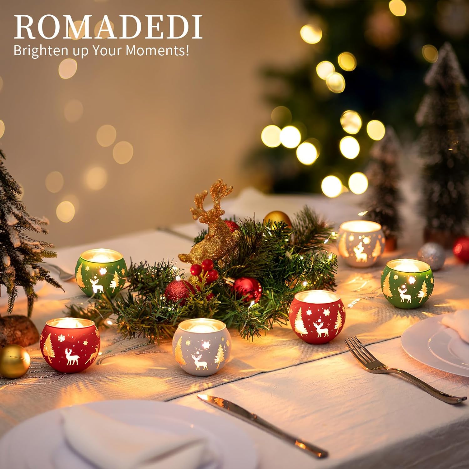 Romadedi Votive Candle Holders - Set of 6 Colorful Glass Tealight Holders for Christmas Decor | Holiday Centerpiece