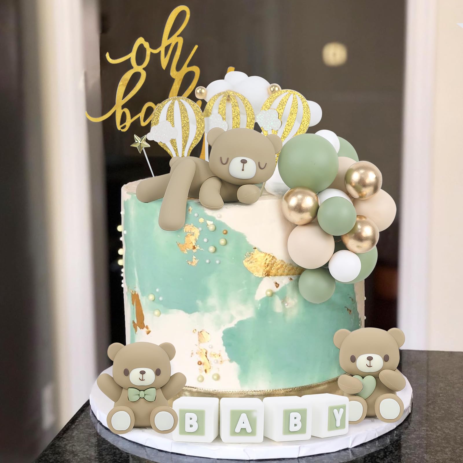 Acmee 44 PCS Green Bear Cake Toppers - Mini 3D Bear BABY Letters Milk Bottle Green Gold Foam Balls Cake Toppers for Boy Girl Birthday Party Baby Shower Cake Decorations