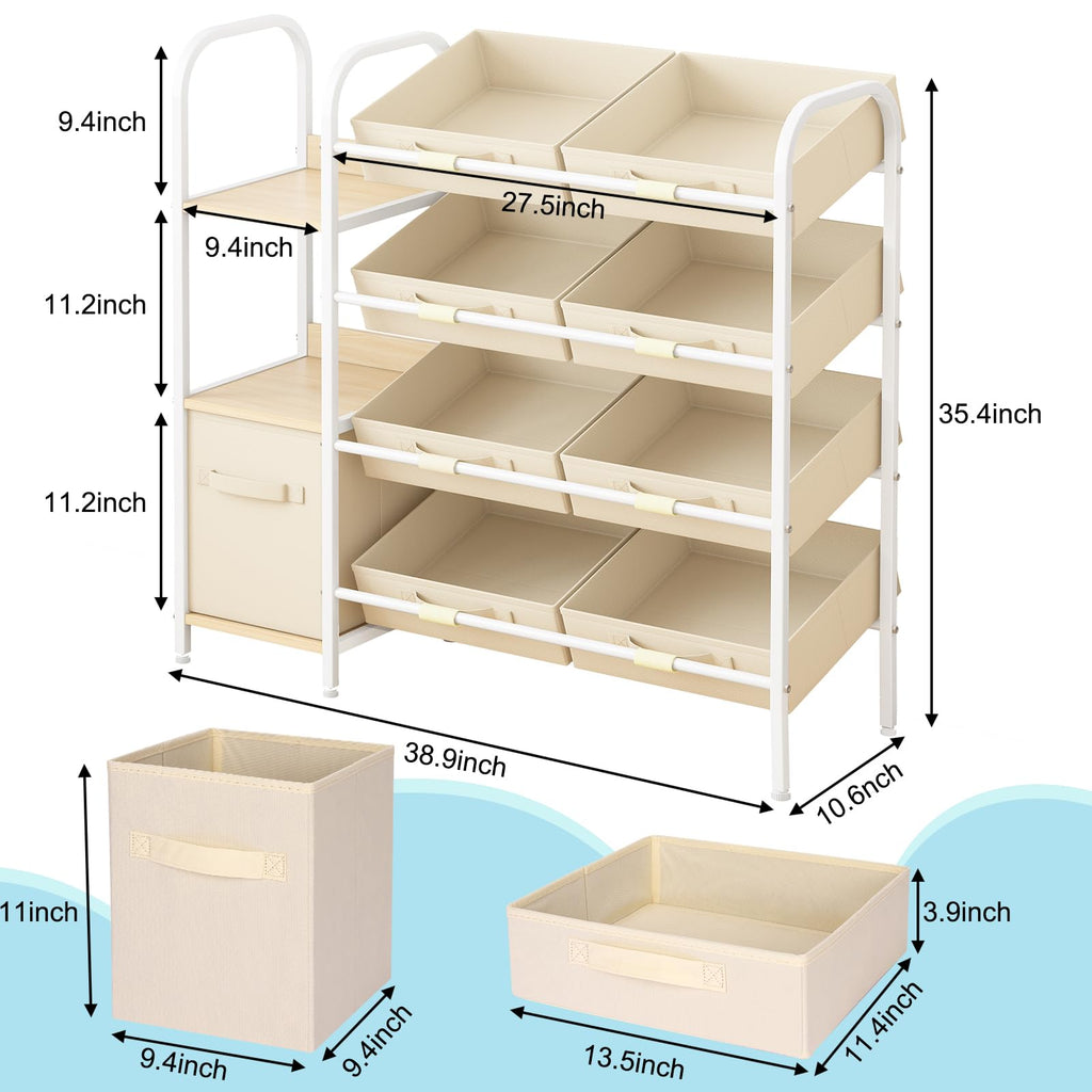 Fixwal Toy Storage Organizer with Fabric Drawers and Bookshelf, 3 Shelves Kids Bookshelf for Nursery with Storage Toy Bins, for Playroom, Living Room