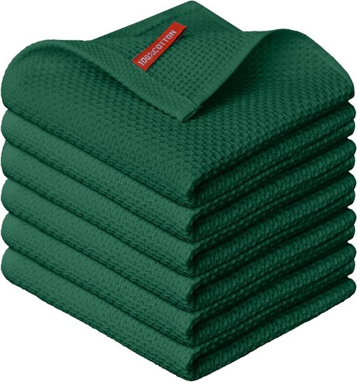 Artoid Mode 100% Cotton Kitchen Dish Cloths - Ultra Soft, Absorbent, Quick Drying | Dark Green, 12x12 Inch, Set of 6