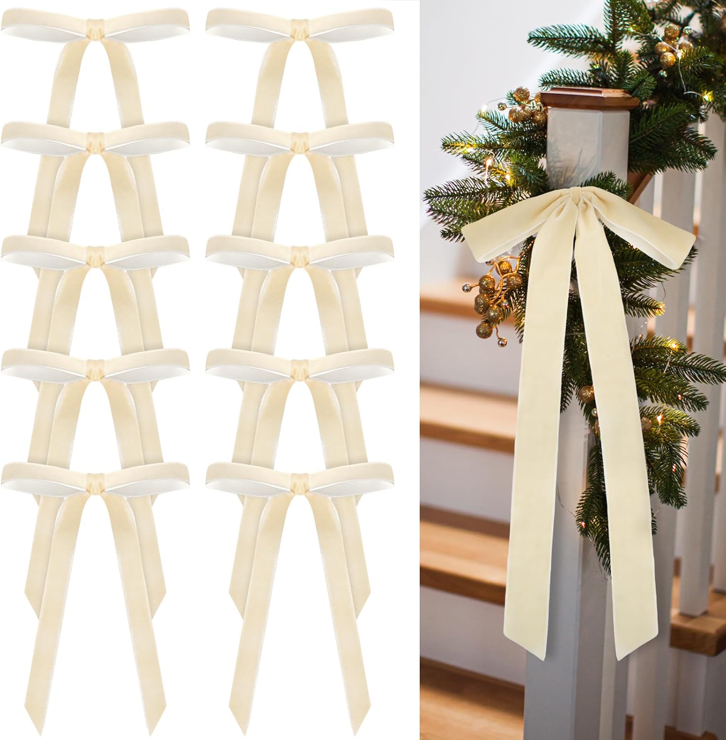 Regine Switzerland 24 Pcs Velvet Bows - Vintage Ribbon Bows for Christmas Tree & Crafts | 9 x 13 Inch, Beige