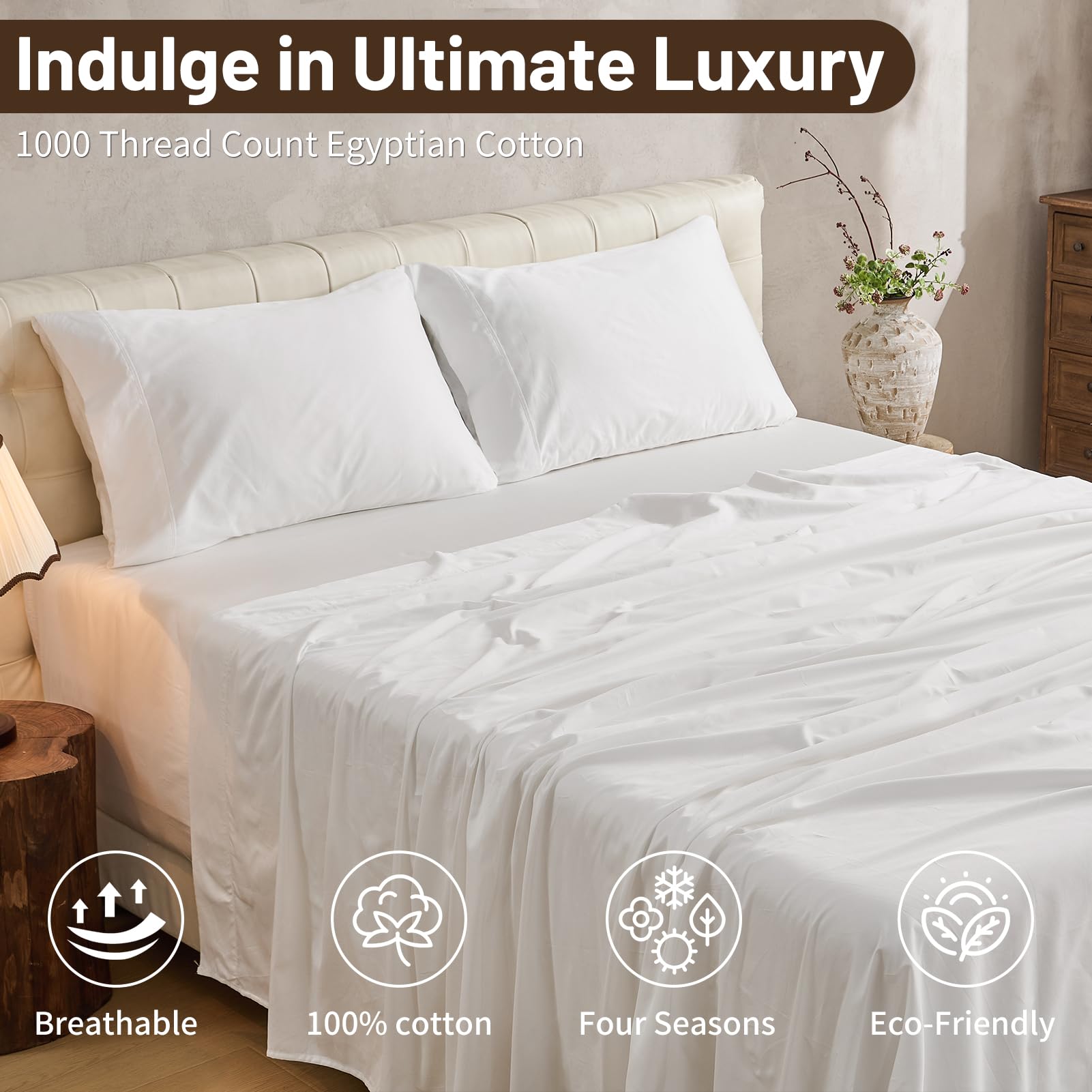 MEISHANG Extra Deep Pocket Cotton Sheets Queen Size - 100% Egyptian Cotton 1000 Thread Count - Fits 18"-24" in Deep Mattress,Oeko-Tex Certified, Soft & Breathable - 4 Piece (Queen, Whtie)