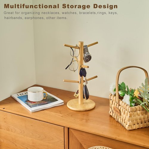 Kelduemi Bamboo Mug Tree for Counter, 6 Hooks Detachable Coffee Mug Holder, Decorative Mug Racks for Coffee Bar Organizer