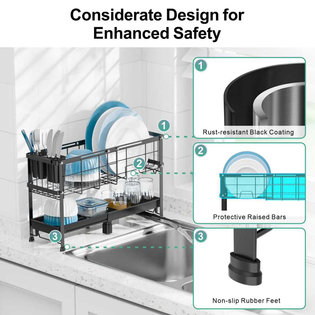 GSlife Narrow Dish Drying Rack, 2 Tier Small Dish Drainer for Kitchen Counter, Expandable Compact Dish Rack with Utensil Holder for RV/1-2 People, 15.7''-20.7''L x 7" D x 12.6" H, Black