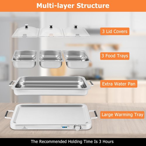 CLEEMAN Buffet Server & Food Warmer, 2-in-1 Electric Buffet Warmer with Adjustable Heat, 3 Food Pans with Lids, 8 Qt Stainless Steel Chafing Dishes, Warming Trays for Buffets Party Banquets Catering