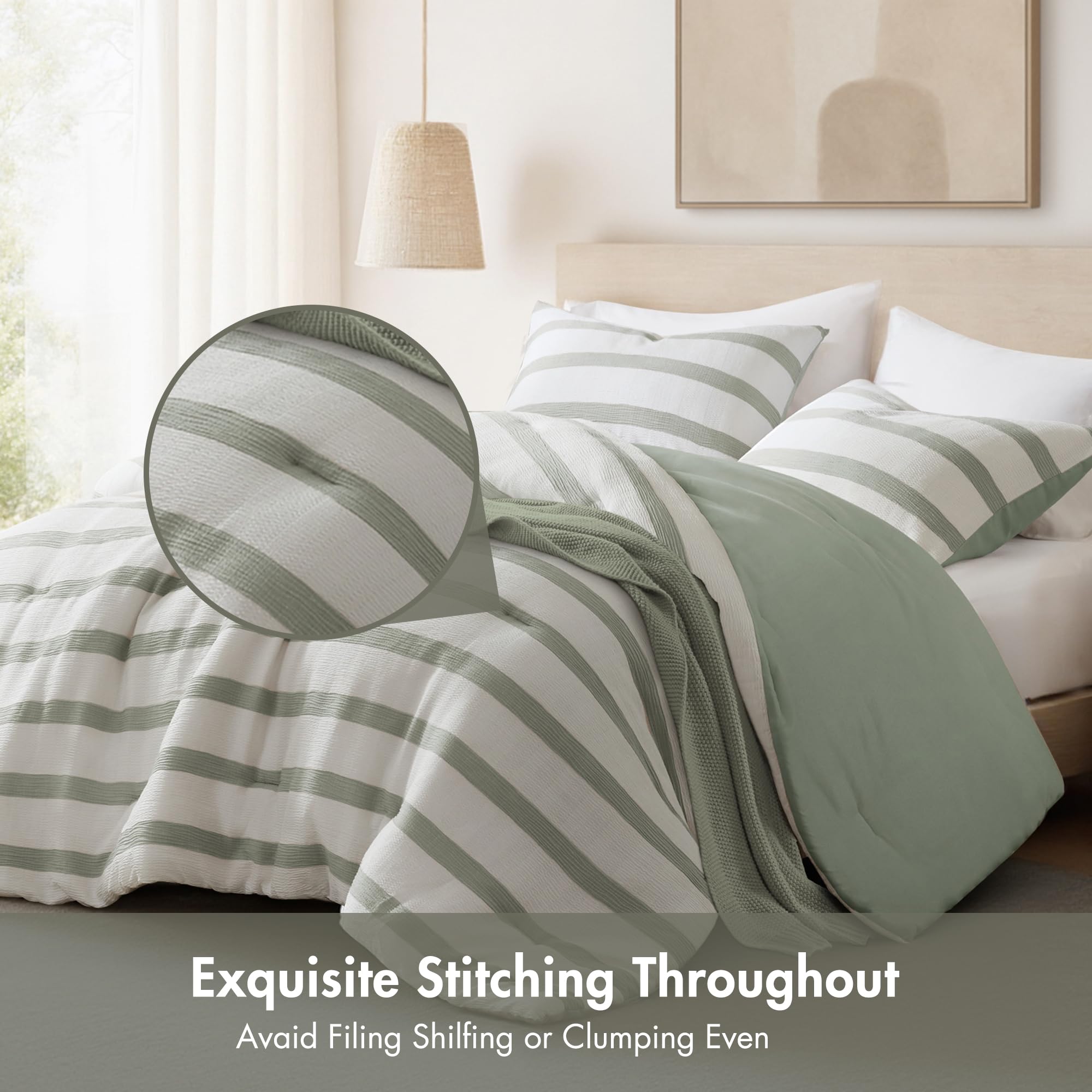 Madison Park Essentials Striped Comforter Set King Size, Yarn-Dyed Reversible Comforter with Minimalist Stripes, Crinkled Texture Bedding Set for All-Season Lightweight Warmth, Merritt Sage Green