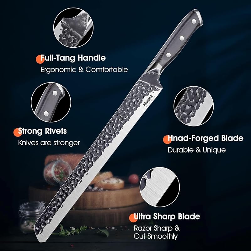 Huusk Japan 11.5 Inch Hand Forged Carving Knife — Black Handle, 58-60 HRC Brisket, Meat Slicing