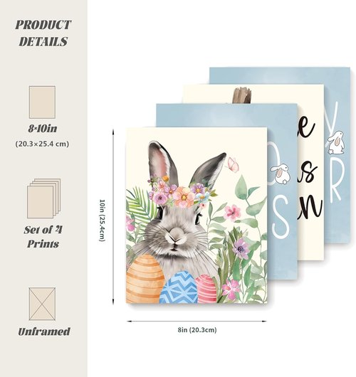 LARTSFRO Easter Decor - Bunny Wall Art Prints | Happy Easter Posters for Living Room & Bedroom | Set of 4 Unframed 10x8 Inch