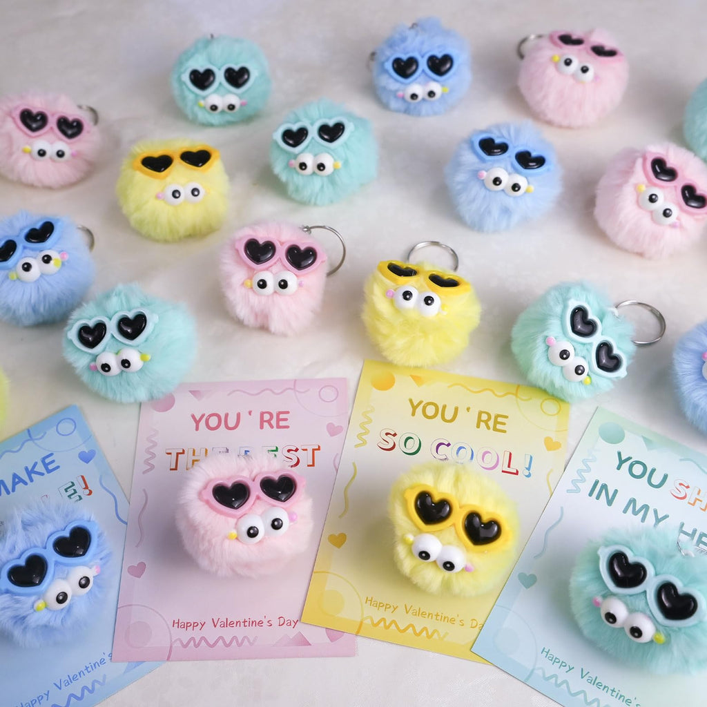 QYESQ Valentines Day Gifts for Kids - 24 Pack Cute Plush Toys Keychains, Valentines Day Cards for Kids Boys Girls Toddlers School Classroom Friends Exchange Party Favors
