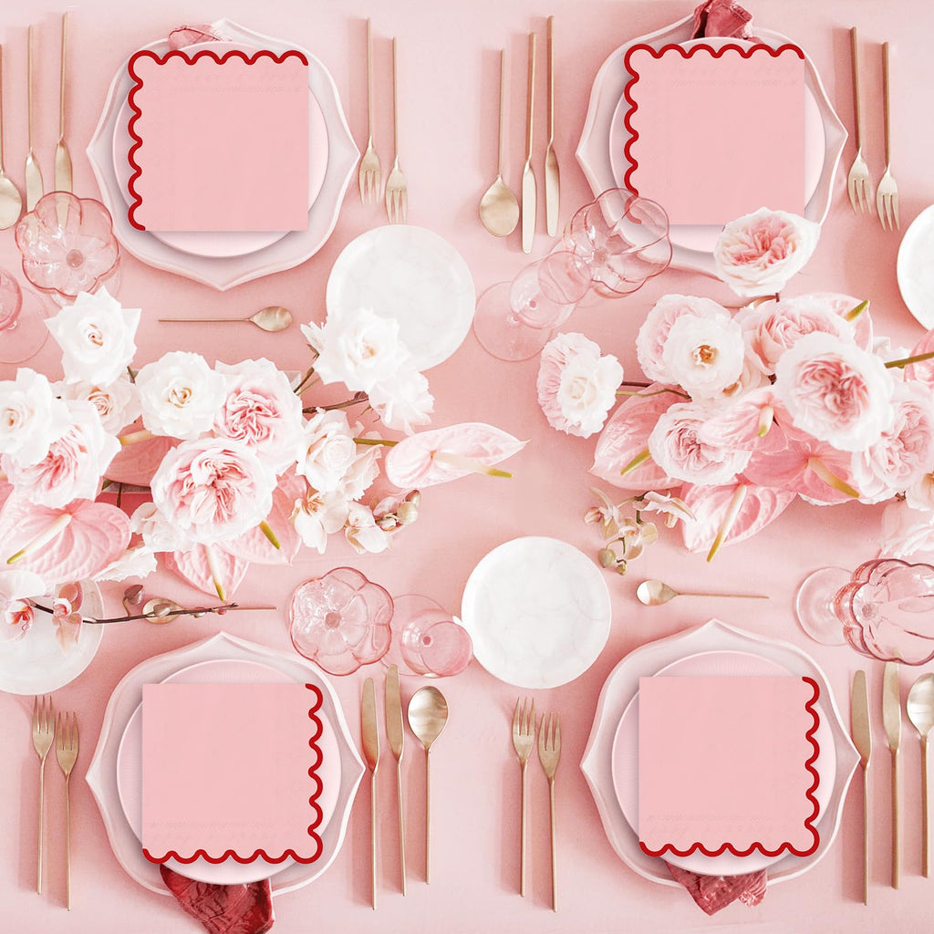FYSUIMU 50 Pcs Pink Red Luncheon Napkins Disposable Paper Napkin Scalloped Decorative Dessert Dinner Hand Napkin for Valentine' s Day Wedding Home Party Table Supplies Decor
