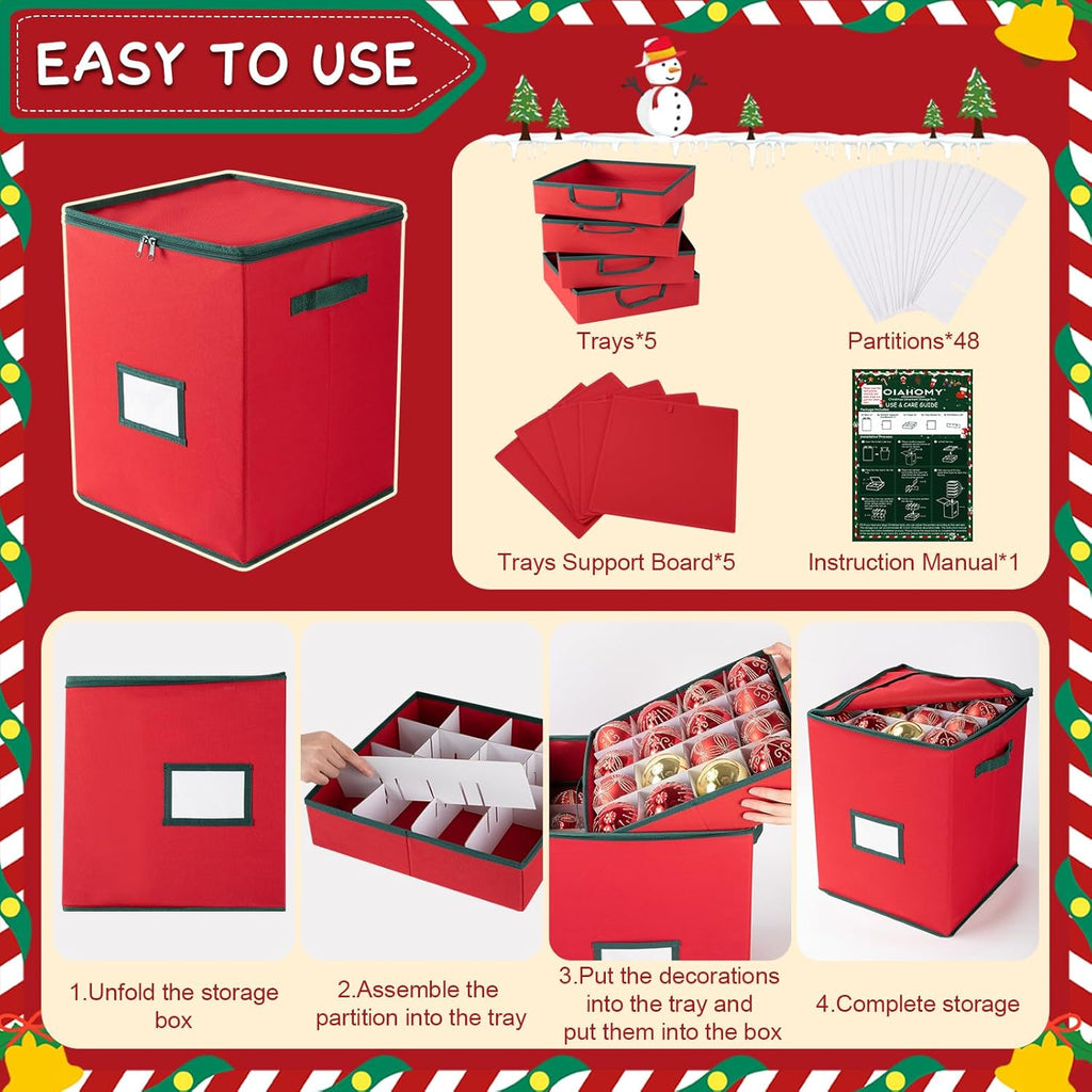 OIAHOMY Christmas Ornament Storage Box - Holds 80 Ornaments with Trays & Zippers, 600D Oxford Fabric - Red