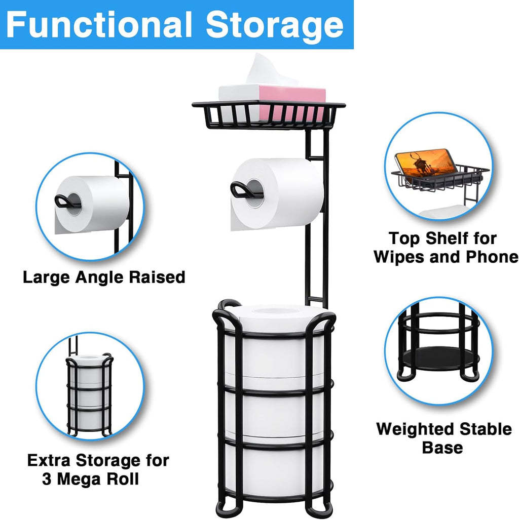 Skiennix Toilet Paper Holder Stand - Free Standing Tissue Roll Storage Rack with Shelf | Black Finish