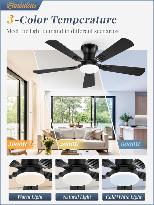 Fanbulous 2 Pack 42 Inch Ceiling Fans with Lights and Remote, Low Profile Indoor Black Ceiling Fan with 6 Speeds & 3CCT, Flush Mount, Dual-Finish 5 Blades,Quiet DC Motor for Living Room Bedroom
