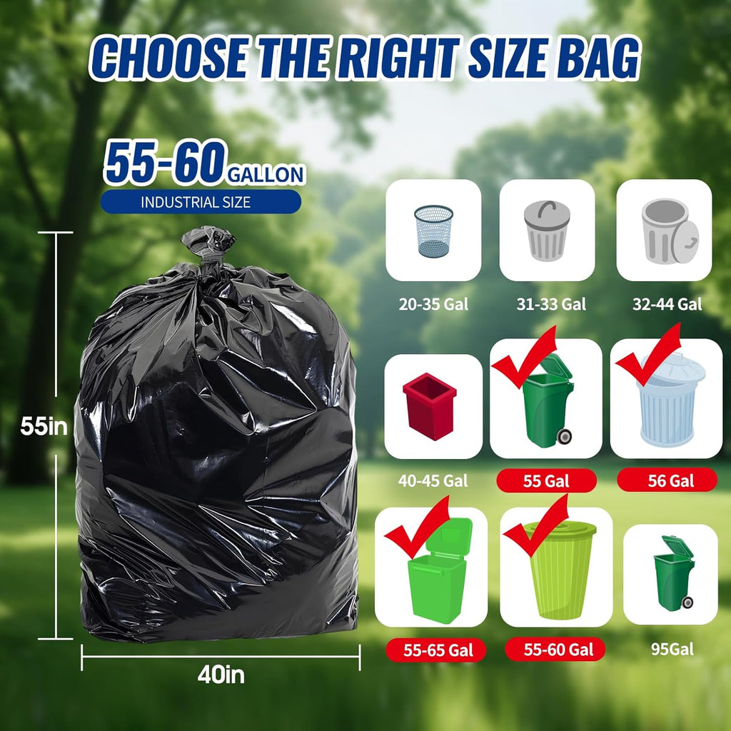 Skiennix 120 Count Trash Bags - Tear-Free 55-60 Gallon Black Garbage Bags for Home & Outdoor Use