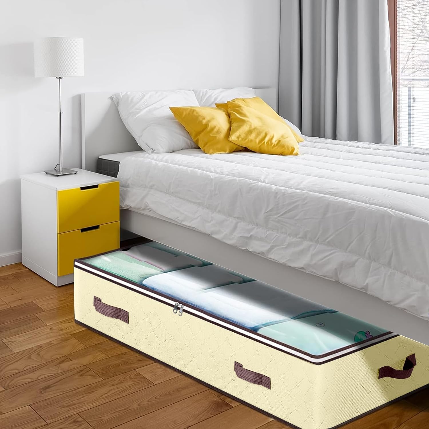 Skiennix 90L Under Bed Storage Containers - Clear Window Organizers for Bedding & Toys | 2 Pack Beige