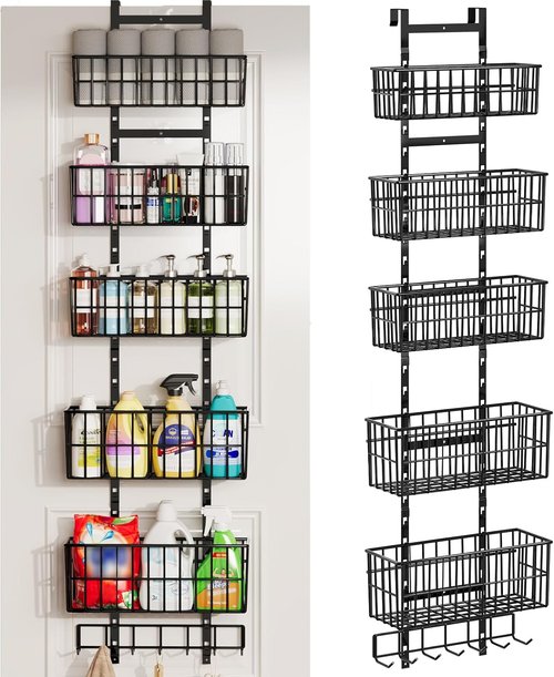 Hongtamoya Adjustable Over The Door Organizer - Metal Hanging Storage with 5 Baskets & 7 Hooks | Black