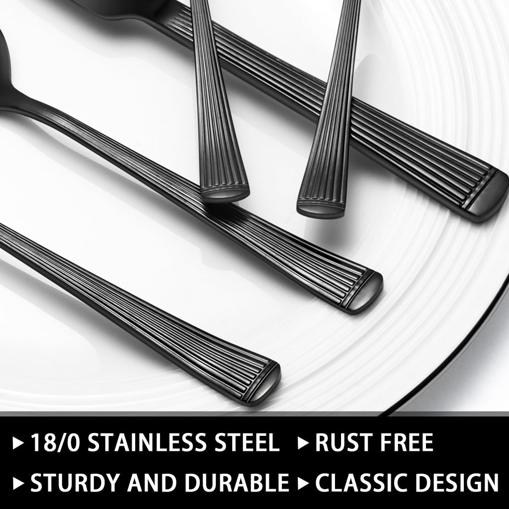 49-Piece Black Silverware Set with Organizer, Food-Grade Stainless Steel Black Flatware for 8, Cutlery Utensil Sets with Steak Knives, Rust-proof, Mirror Polished, Dishwasher Safe, Roman Column