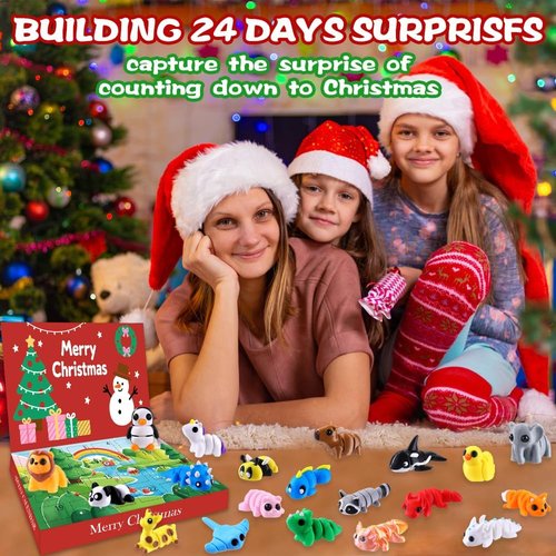 JOICEE Christmas Advent Calendar - 24 Mini 3D Animal Figurines | Flexible Fidget Toys for Kids