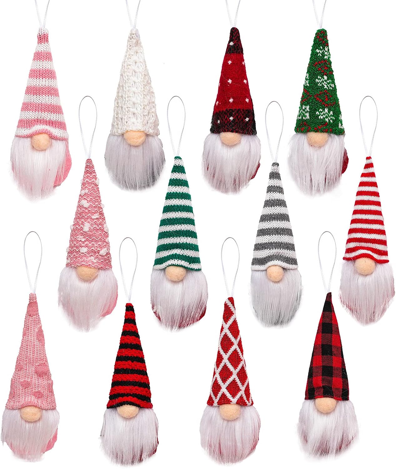 Skiennix Gnome Christmas Ornaments - Set of 3 Plush Tomte Santa Gnomes | Pink Holiday Decor