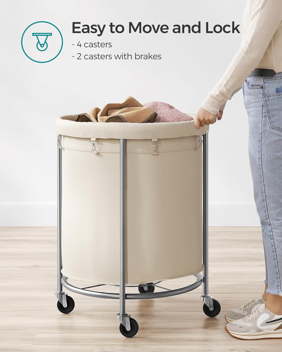 SONGMICS Rolling Laundry Basket - 50.2-Gallon Heavy-Duty Hamper Cart with Steel Frame & Locking Wheels - Cream White & Metallic Silver