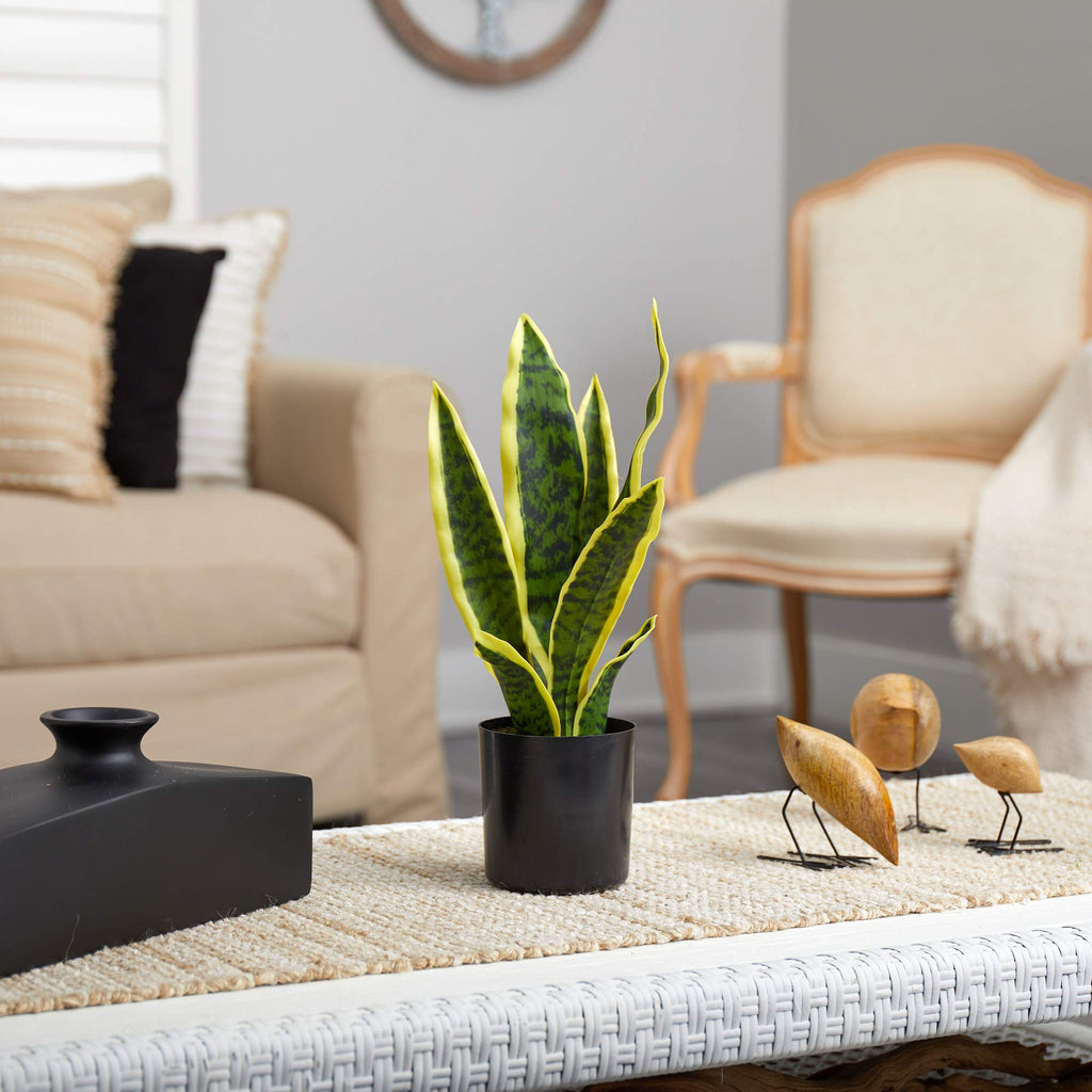 Nearly Natural 14-in Artificial Tall Snake Plant Sansevieria, Yellow Faux Snake Plant for Indoor Home Decor in Black Nursery Pot, Fake Plant for Office, Living Room, Bedroom, Tabletop, DIY