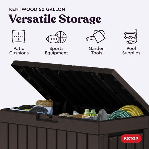 Keter Kentwood 50 Gallon Resin Deck Box - Stylish Storage for Patio Cushions & Garden Tools | Brown