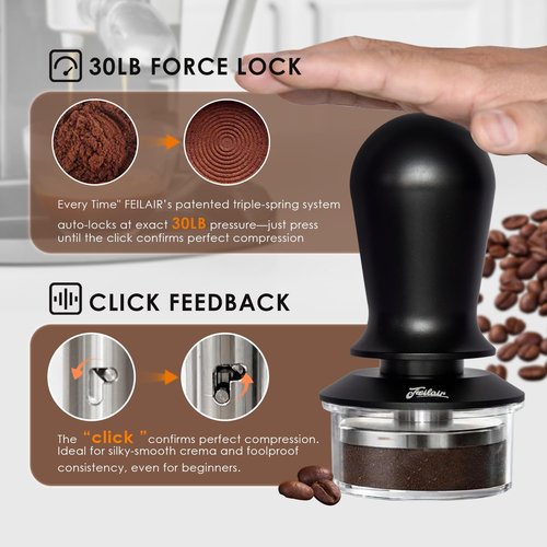Feilair 54mm Espresso Tamper, Triple Spring Loaded Tamper, Coffee Tamper with Stainless Steel Ripple Base, Self Leveling Tamper for Barista, Compatible with 53mm/54mm Breville Portafilter