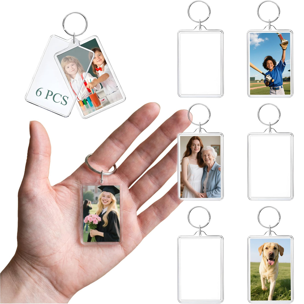 Timerchin Acrylic Photo Keychain 6 Pack - 1.73x1 Inch Clear Custom Picture Keyrings - DIY Personalized Gifts for Mother's Day, Father's Day, Graduation, Pet Memorial