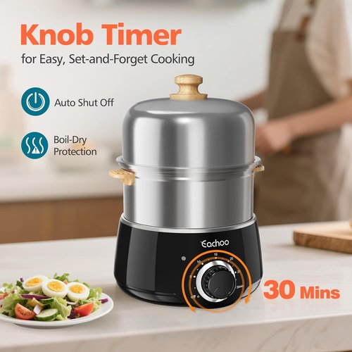 CACHOO 14-Egg Stainless Steel Hard Boiled Egg Cooker - Rapid Timer & Auto Shut Off | Compact & Dishwasher Safe, Black