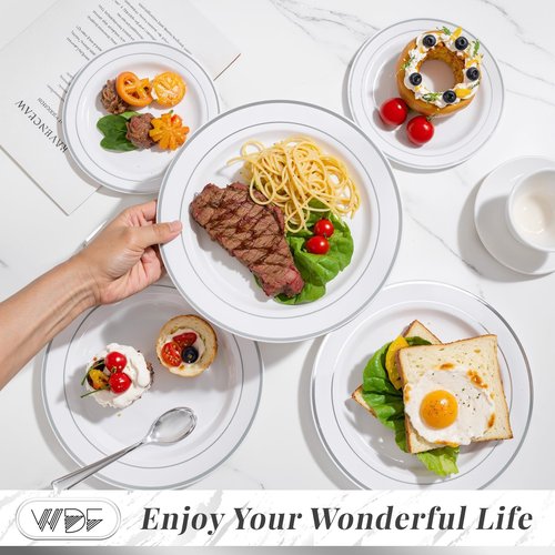 WDF Partyware 350Piece Silver Plastic Dinnerware Set for 50 Guests - Silver Plastic Plates with Cutlery Include:50Dinner Plates-50Dessert Plates-50Pre Rolled Napkins with Silverware Party Wedding