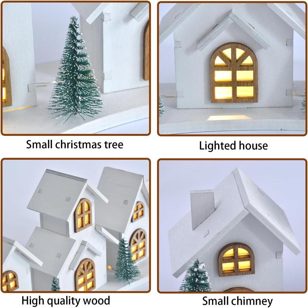 White Christmas Village House Decoration - LED Lights & Wooden Centerpiece | Mini Winter Town Xmas Decor