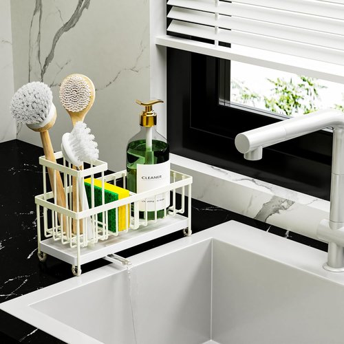 Cisily Kitchen Sink Caddy Organizer - Rustproof 304 Stainless Steel Sponge Holder (Cream, 9.25″)